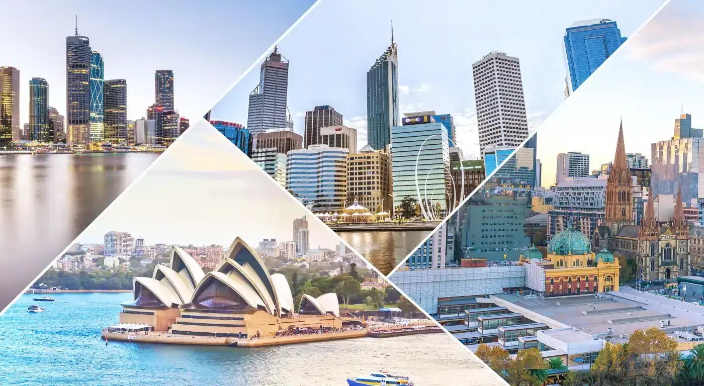 Collage of city skylines and a harbour with the Sydney Opera House