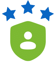 Green shield with a person and three blue stars