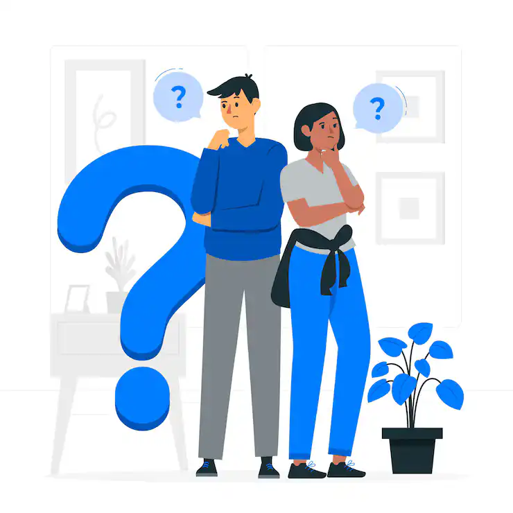 Two illustrated people standing beside a large question mark