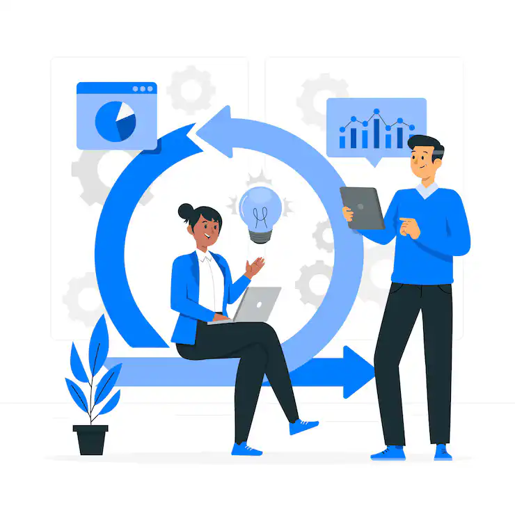 Two illustrated people using laptops inside circular arrows