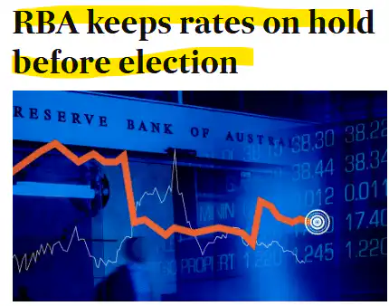 RBA keeps rates on hold before election headline above a financial market graph